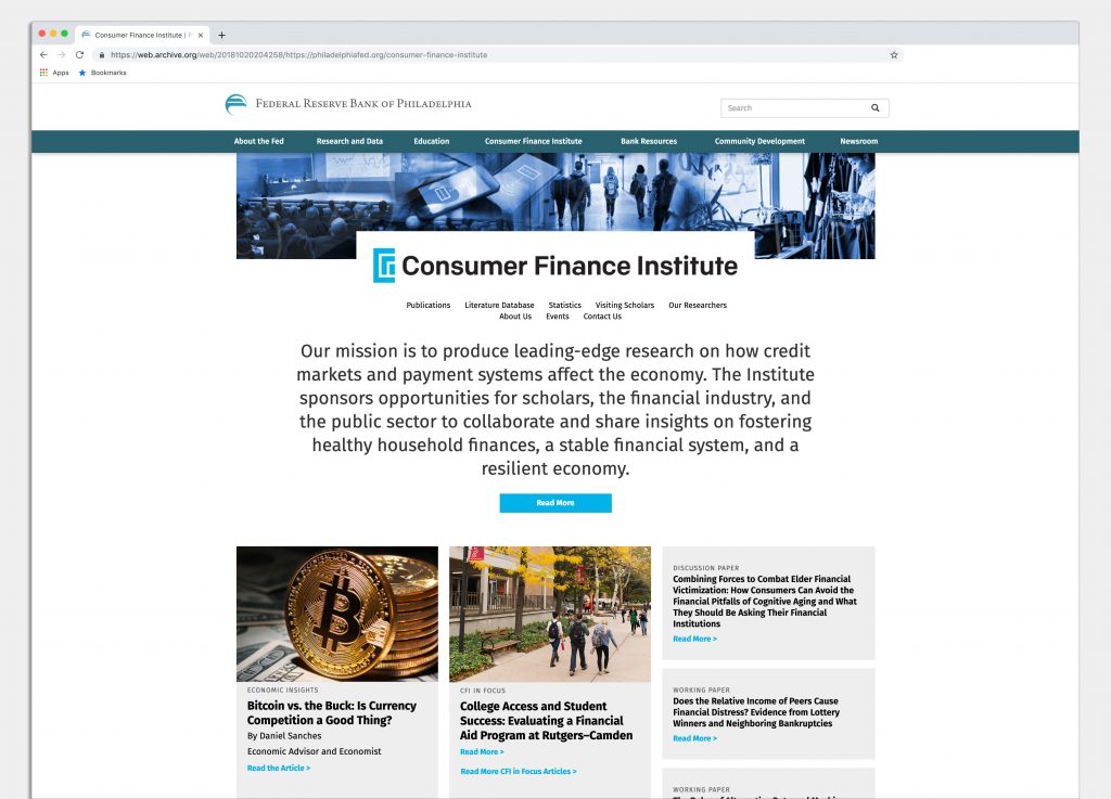 A cropping of the homepage for the Consumer Finance Institute