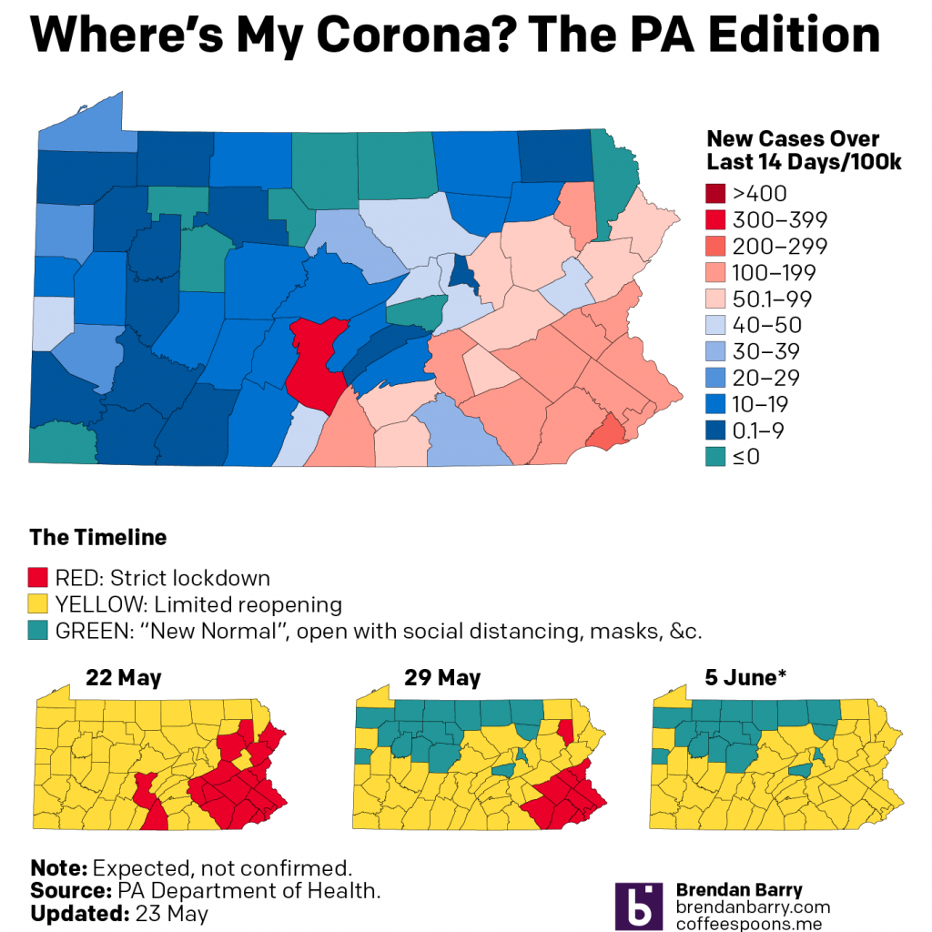 Pennsylvania's reopening plan during COVID, a snapshot from 23 May 2020