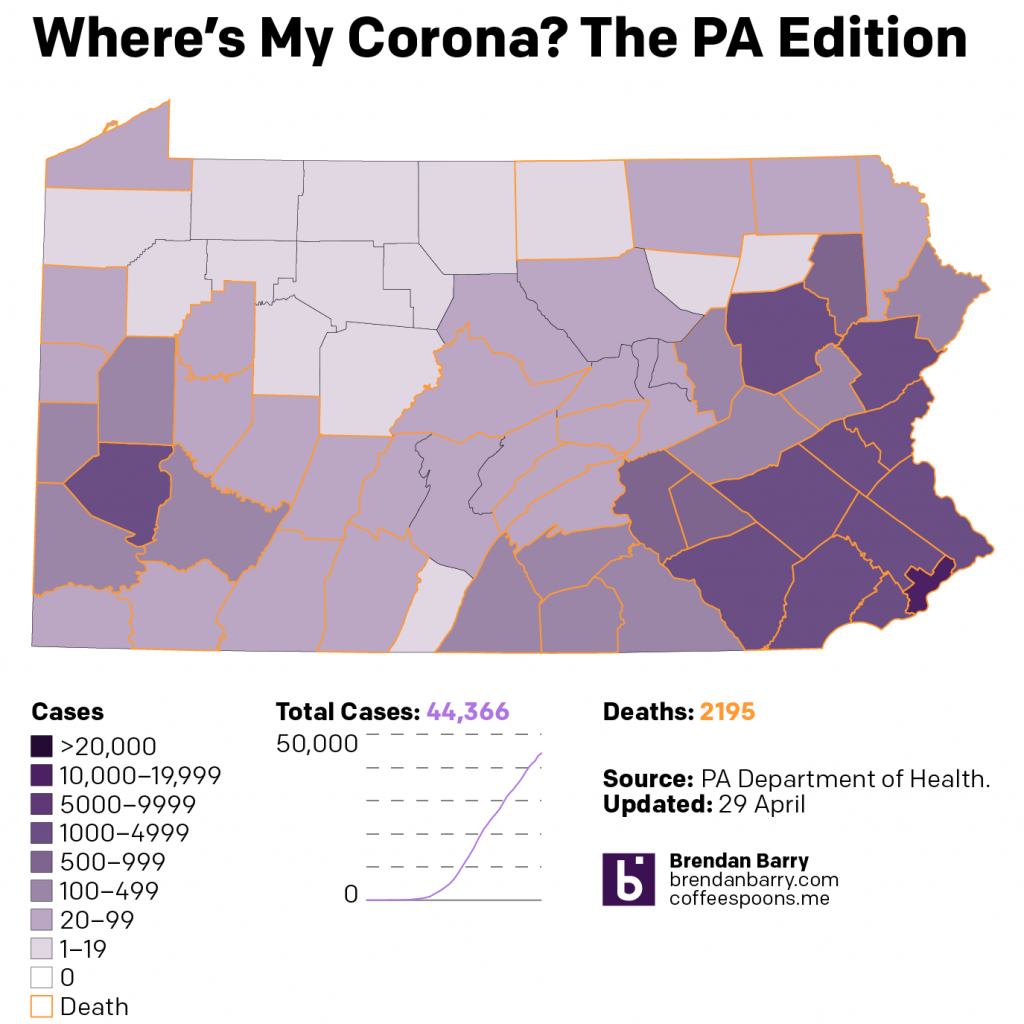 A snapshot of the spread of COVID cases and deaths in Pennsylvania on 29 April 2020