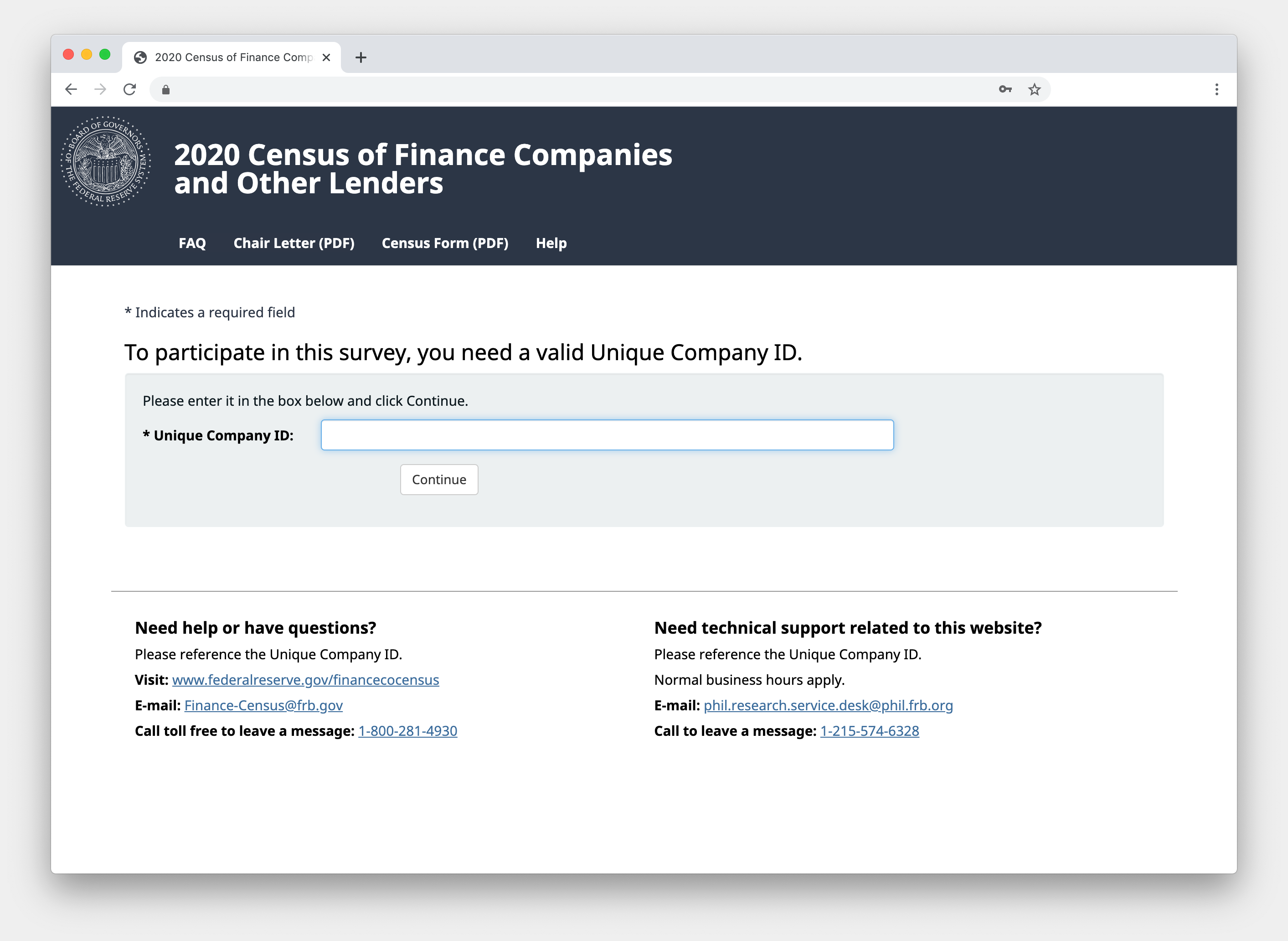 The landing or log-in page for the Survey of Finance Companies.